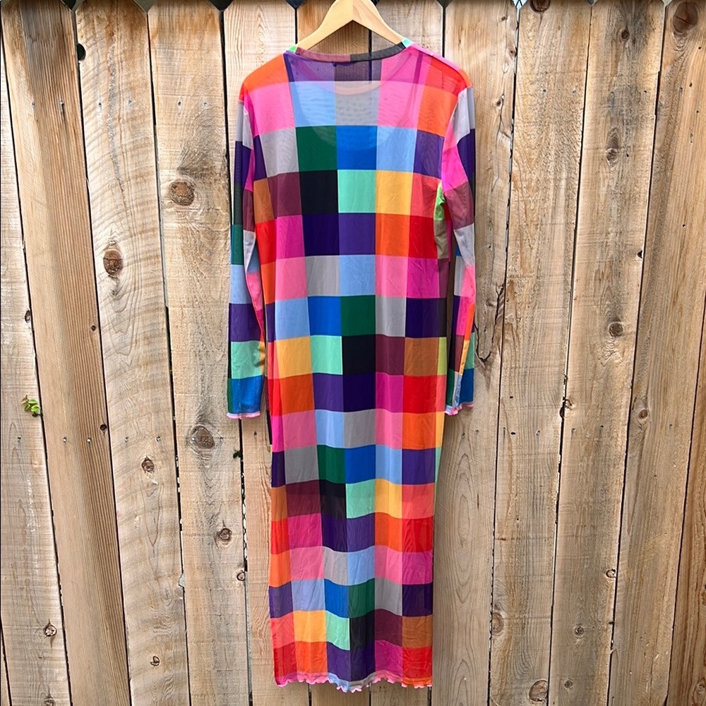Long Sleeve Multicolor Checkerboard Maxi Dress - Vibrant Colorblock - Picture 3 of 6